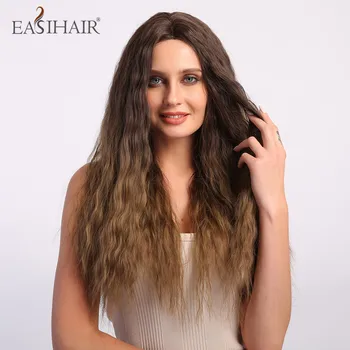 

EASIHAIR Long Deep Wave Brown Ombre Women Natural Hair Synthetic Wigs Hairline Part Lace Wigs Heat Resistant Cosplay Wig