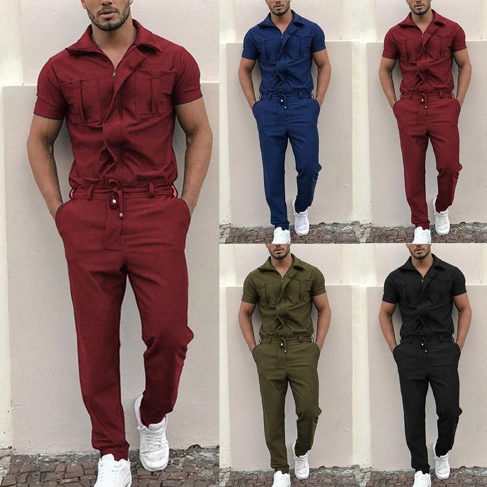 Conjunto de ropa de trabajo para hombre, mono masculino elegante de manga corta bolsillos y cordón, mono con cremallera, 2022|Conjuntos para hombres| AliExpress