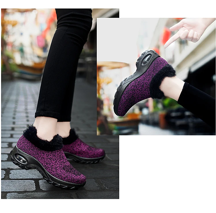 Winter Sneakers Womens Shoes Flats Platform Boots Plush Warm Walking Boots Flyknit Footwear Female Wedge Shoes Big Size 42
