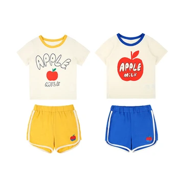 

Spot ZMHYAOKE-BE 2020 Summer Girls Boys Outfits Printed Color Matching Shorts Letter Apple Top Sports Sets Children's Clothing