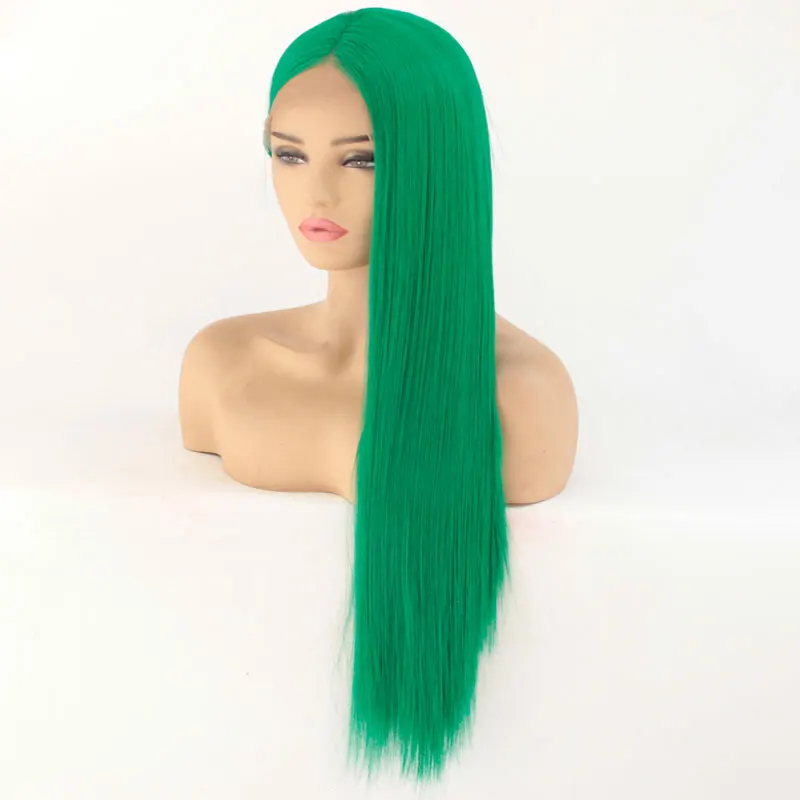 Темно-зеленый шелковистый прямой синтетический парик на кружеве, средний пробор, бесклеевые термостойкие волосы из волокна для женщин, девочек, Косплей парики