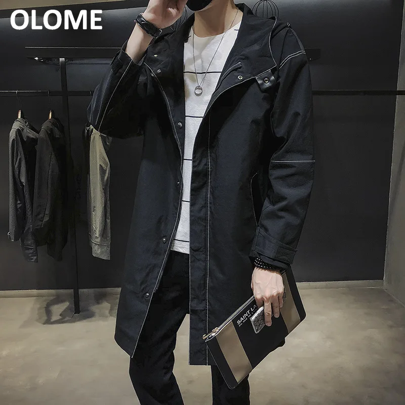 

2019 Spring and Autumn Windbreaker Men Long Korean Fashion Handsome New Men's Jacket Long Loose Hooded Jacket