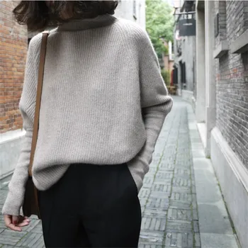 

2019 Women's Cashmere Sweater Collar Pure Color Thick Pullover Sweater Autumn Winter New Long Sleeve Loose Knitted Bottoming
