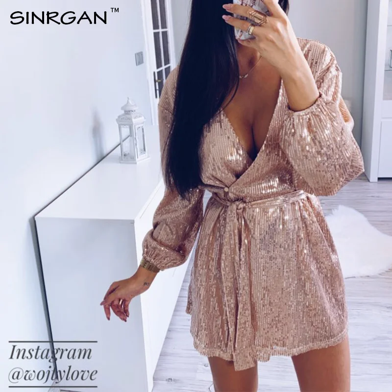 SINRGAN, блестящее платье с блестками, проза, розовое золото, женское сексуальное Клубное вечернее платье, платье с длинным рукавом, женские короткие платья