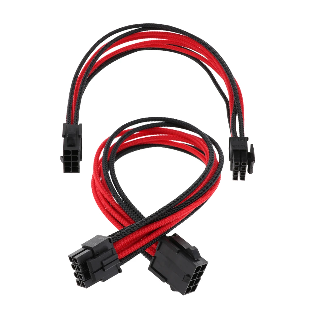 2pcs CPU 8-Pin Power Supply Extension Cable Lead ATX PSU Male to Female Cord Black Red Sleeved 30cm
