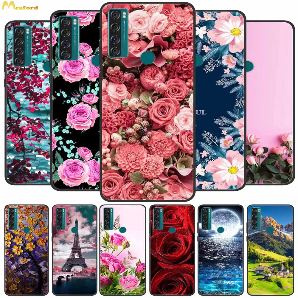 Per Tcl 20 Se Case T671H Black Tpu Print Flowers Cover Per Tcl 40 Se 40R Custodie Posteriori 20Se Silicone Fundas Tcl40Se Soft Protective