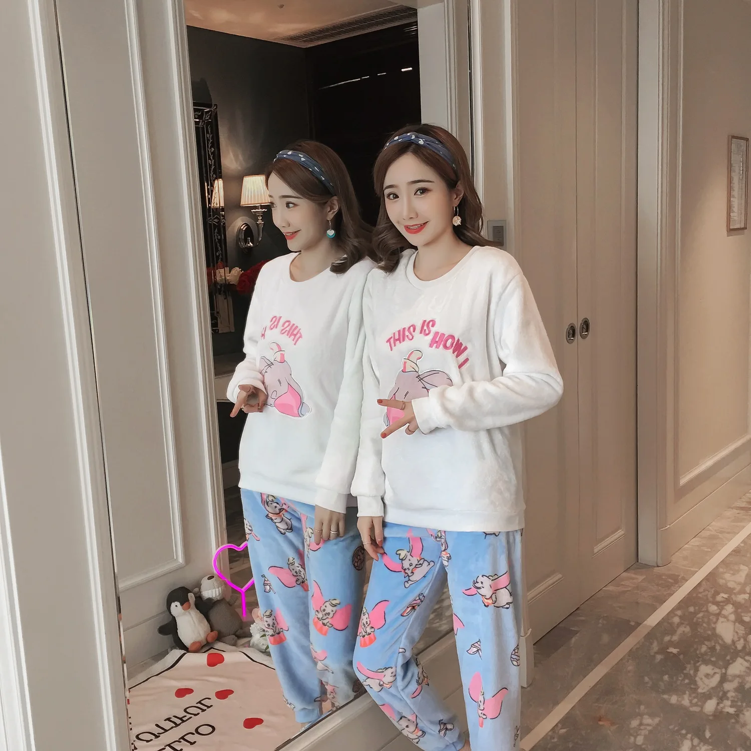 Winter Warm Flannel Women Pajamas Sets Thick Coral Velvet Long Sleeve Cartoon Sleepwear Pijama For Girl Nightwear Pyjama