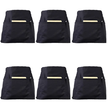 

6 Pack Black Waist Aprons with 3 Pockets - Half Aprons for Waitress Waiter 24 x 12 Inch Server Aprons for Holding Server Book Gu