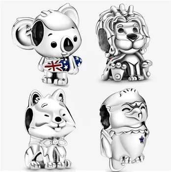 

925 Sterling Silver American Condor Akita Dog Jack Lion Surfing Koala Charms Beads Fit Original Bracelet Women DIY Jewelry