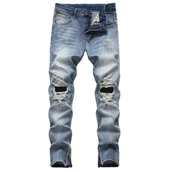 

Men zipper hole jeans zipper pants men denim stretch trousers retro motorcycle men pants