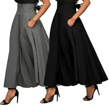 

Casual Women Solid Color High Waist Pleated A-Line Maxi Skirt with Pockets Lady's solid color folding dress