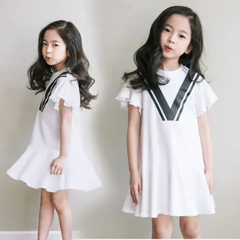 

New Arrival Baby Girls Dress Ruffles Short Sleeve T shirt Kids Dresses For Girls Toddler Infant White Navy Mini Dress Clothes