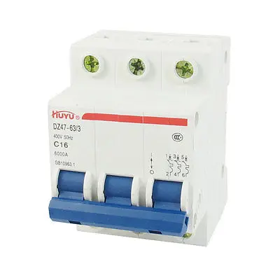 DZ47-63 C16 3P DIN рейка крепление MCB миниатюрный выключатель 6000A 16A 400V AC