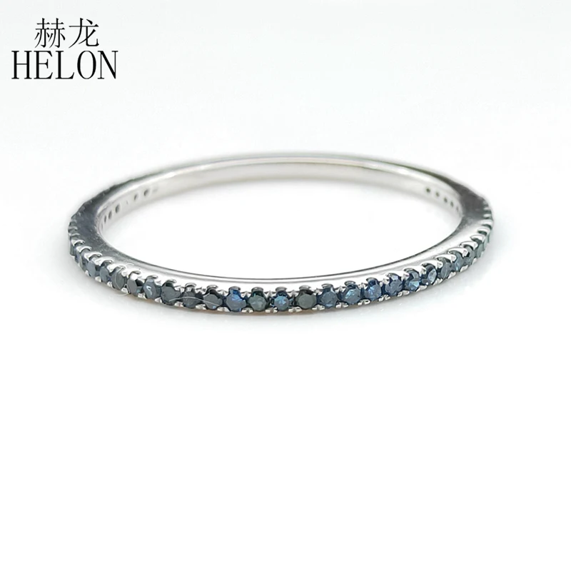 HELON Diamond Ring Solid 10k White Gold Certified Round 0.3CT Genuine Blue Diamonds Eternity Band Engagement Women Fine Jewely | Украшения