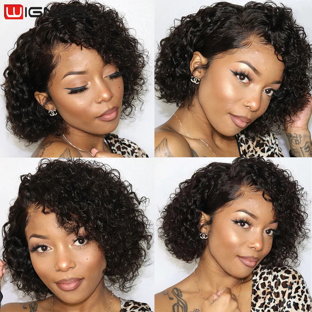 Wignee Short Curly Wigs Pixie Cut Wig Colored Bob Curly Human Hair Brazilian Hair For Black Women Side Part Bob Hairstyle