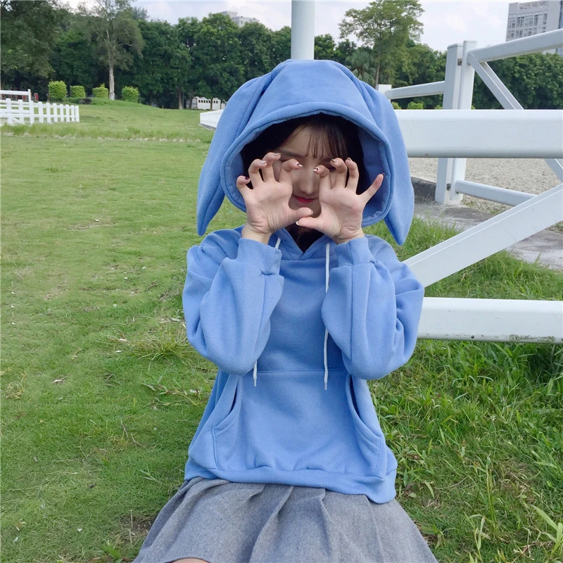 Толстовки с заячьими ушками Sudadera Kawaii Толстовка Женская Белая теплая розовая толстовка с передним пуловеры с карманом Японская уличная