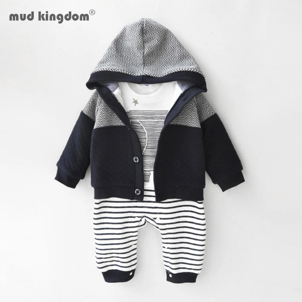 Mudkingdom Детский мальчик Слон комбинезон кардиган Универсальный комплект толстой одежды Полосатое пальто с