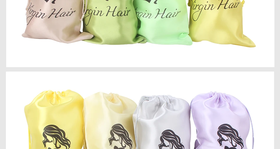 Изготовленный на заказ логотип натуральные пряди человеческих волос для наращивания на заколках комплект упаковки атласные шелковые сумки черные сумки индивидуальные virign волос упаковочные пакеты