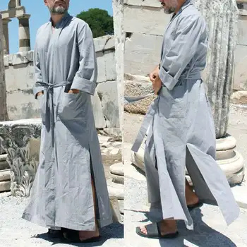 

Long Sleeve V Neck Breathable Nightgown INCERUN Men Leisure Solid Color Sleep Robes Mens Splitting Pockets Honwear With Belt 5XL