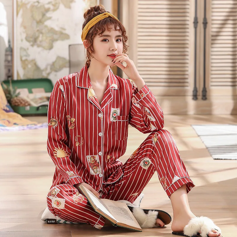 

Yongxing Spring And Autumn Long-sleeved Cardigan Pajamas Two-Piece Set Stripes Women's Loose-Fit Fold-down Collar Model Silk Hom