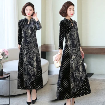 

Fashion Velvet Print Cheongsam Dress Woman Spring and Autumn New Temperament Dot Dress Plus Size Women Clothes