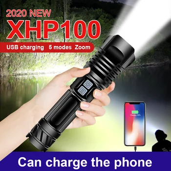 

2020 Newest LED Flashlight XHP100 Lamp Beads Torch 5 Lighting Modes Lantern High Power Rechargeable Flashlight By 26650 Battery