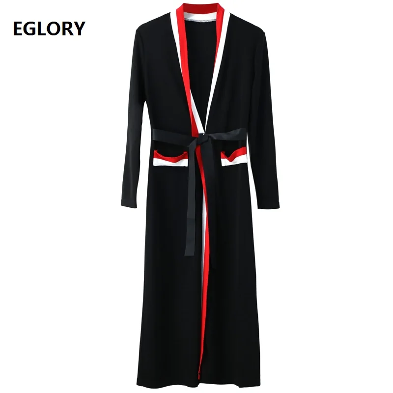 

2020 Autumn Winter Fashion Long Cardigan Coats Women Striped Color Block Knitting Belted Long Sleeve Casual Cardigan Outwears