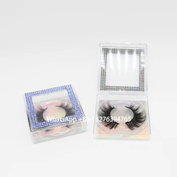 

Clear Box Inlaid Blue Rhinestones Lashes Cases Free Private Label Handmade Dramatic Longing Faux Eyelashes Custom Lash Box