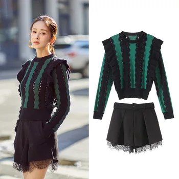 

Black and green stitched striped sweater women's contrast Ruffle knitwear top black shorts SA0906