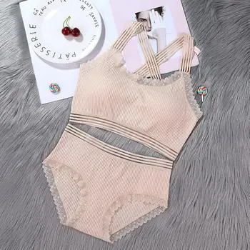 

Cotton Push Up Bras Traceless Panties Sets Wireless Removable Chest Pad Bra Briefs Set