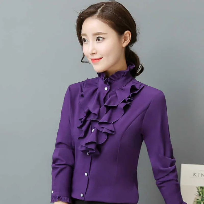 Big Size 5XL Victorian Ruffles Blouse Female Elegant Fashion Long Sleeve Shirt Tops Ladies Spring OL Business Work Purple Camisa