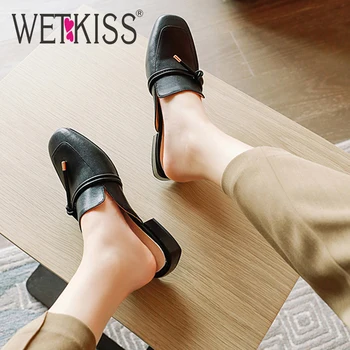 

WETKISS New fashion Women Slippers Mules Flat Square Toe Casual Shoes Slip On Slides Lace Up Low Heel Sandals