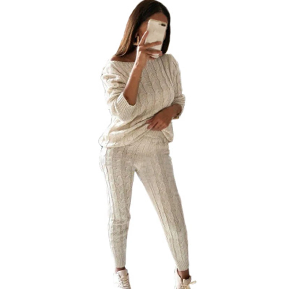 Knitting Tops+Pants Set Outfits For Women Winter Warm Knitted Sets 2 Pieces Ladies Sets Women Sweater Autumn O Neck Solid - Цвет: white