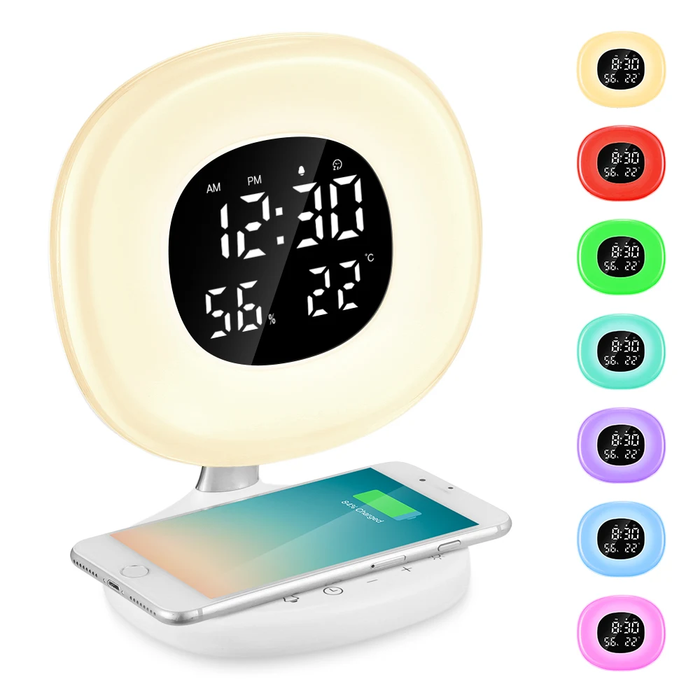 

LED Wake-up Light Sunrise Alarm Clock Wireless Charging Snooze Clock with 8 Alarm Sounds Bedside Simulator For Bedroom