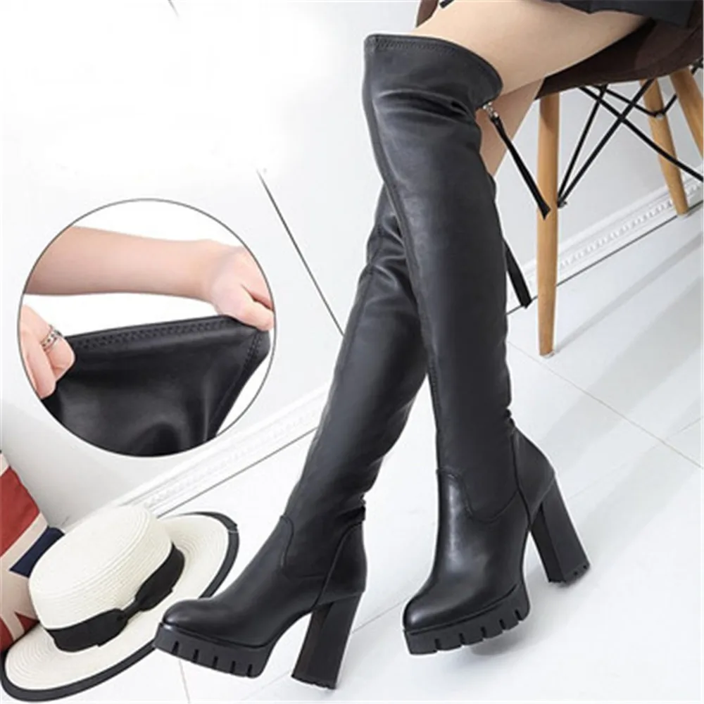 

2024 New Autumn Early Winter Long Tube Slim Boots Women Leather 10CM High Heel Elastic Over The Knee Boots Plush Fashion Pumps