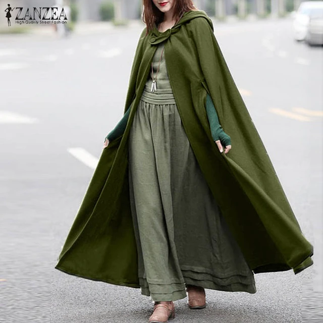 ZANZEA Long Cape Coat Women Hooded Cloak Overcoat Poncho Coats