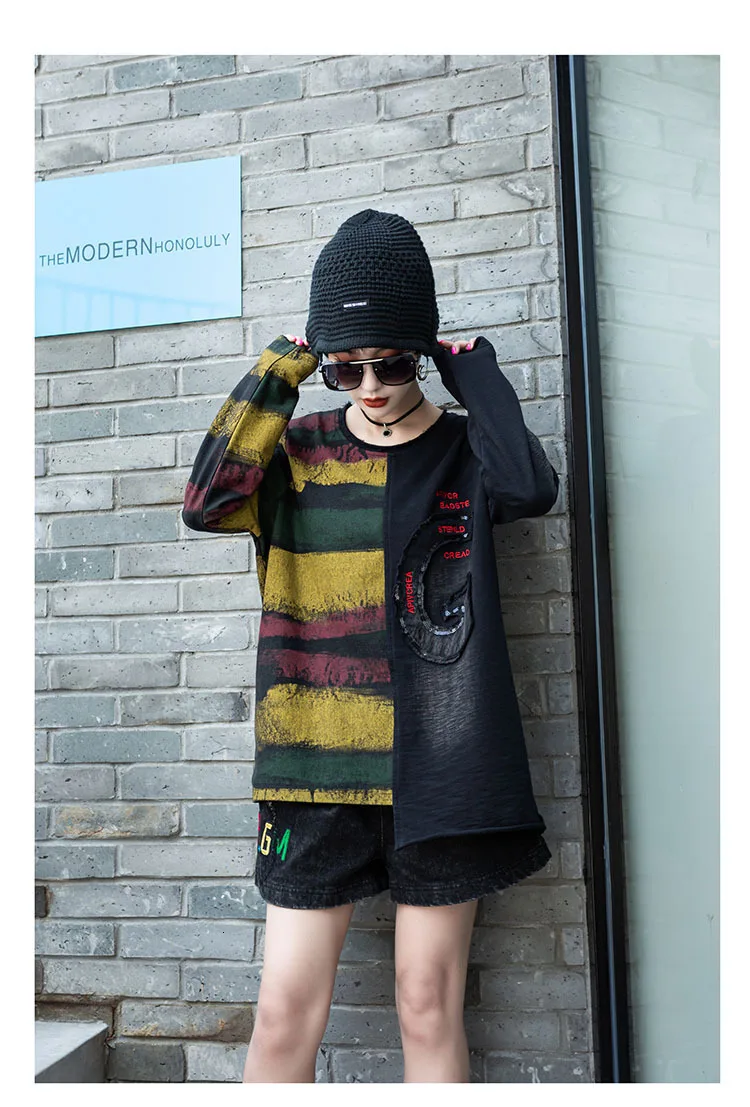 Max LuLu модные корейские футболки женские осенние панк уличная Женская Лоскутная джинсовая футболка винтажная Женская одежда в полоску