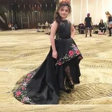 Черные вечерние атласные платья с вышивкой и круглым вырезом для маленьких девочек от 2 до 14 лет