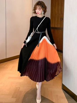 

Elegant knit stitching gradient color pleated slim waist big swing dress women's 2020 autumn new