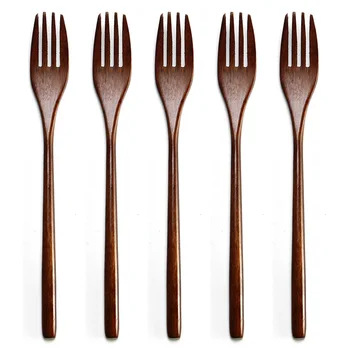

5pcs Japanese Eco-friendly Silver Dinner Wooden Salad Tableware Flatware Fruit Serving Kids Food Wooden Forks Non-stick Surfaces