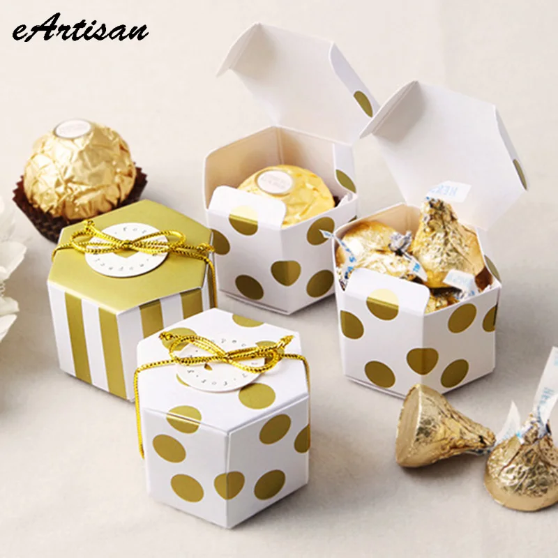 

10pcs Mini Stripe Dots Golden Bronzing Color Hexagon Wedding Chocolate Box Candy Box Baking Package Wedding Party Decorations
