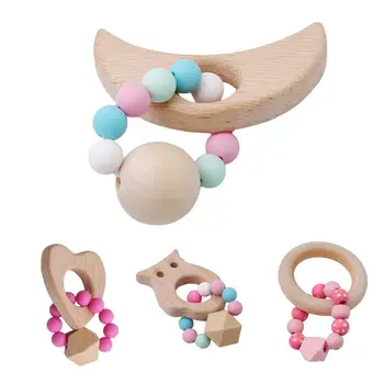 

Wooden Animal Moon Shaped Bracelet Silicone Beads Rattle Baby Teething Toy