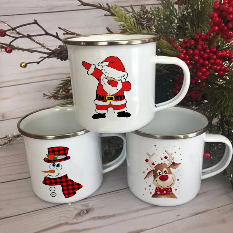

Santa Deer Snowman Print Creative Coffee Tea Cups Drink Dessert Breakfast Milk Cup Enamel Mugs Handle Drinkware Christmas Gifts