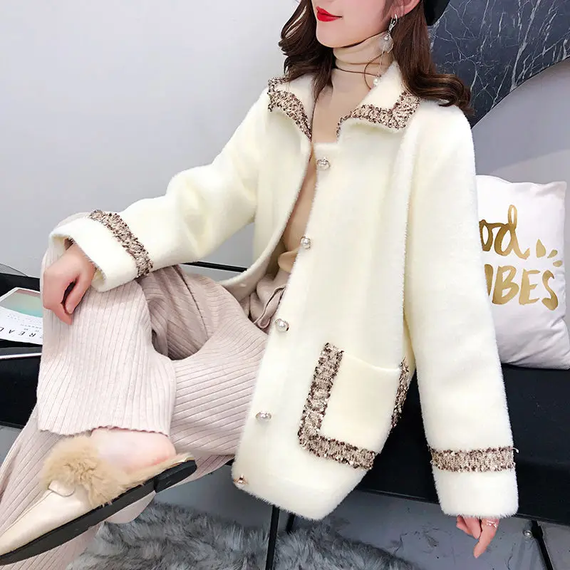 

2019 Winter Coat Women Solid Turn-down Collar Full Sleeve Pockets Mink Fur Sweater Female Warm Casual Clothes