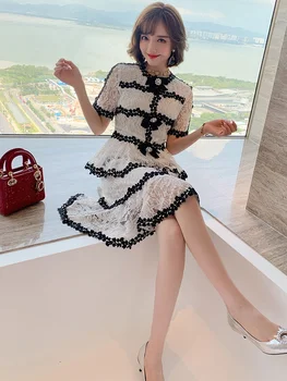 

Trendy Crocheted Lace Bow Ruffled Top + Fishtail Skirt Suit Women's Fashion Summer New