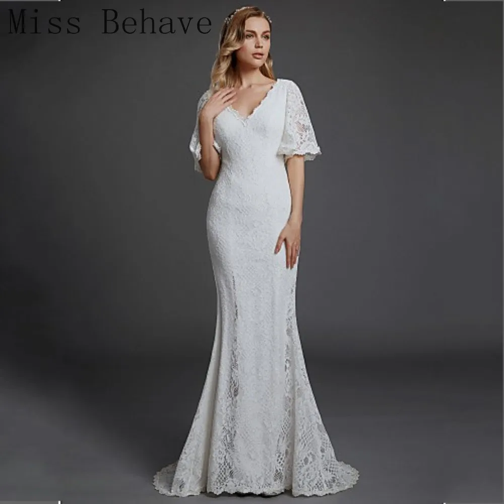 

DD JYOY Lace Wedding Dress with Train Elegant Short Sleeve V Neck Mermaid Wedding Gown Bridal Zipper Back