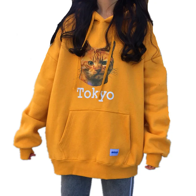 

2019 Autumn Winter Hoodies Animal Cat Print Pullovers Hooded Sweatshirts Plus Velvet Thicken Pocket Streetwear Plus Size 2XL