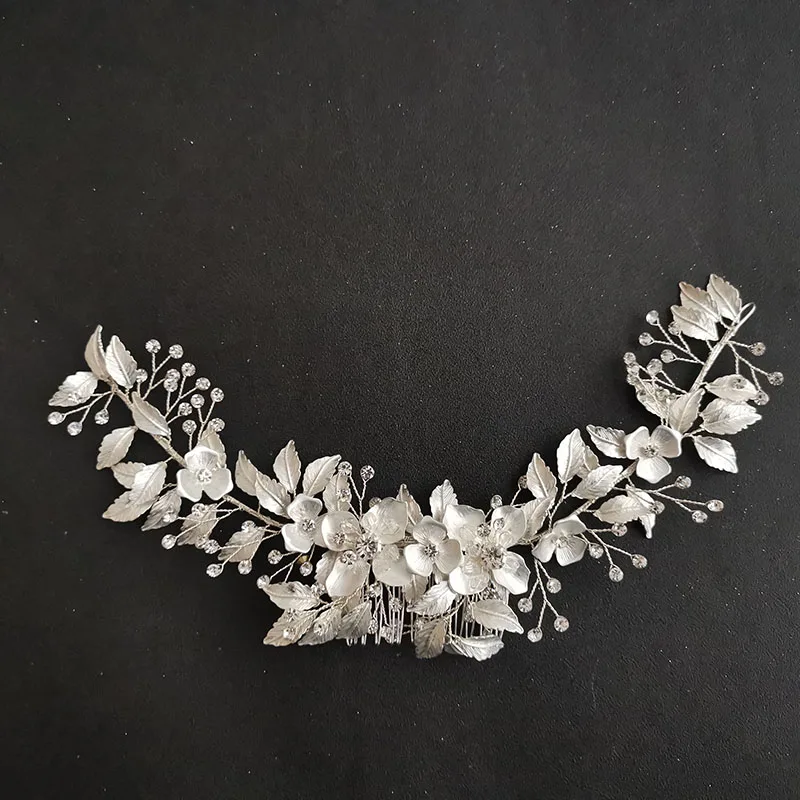 Floralbride Handmade Rhinestones Crystal Alloy Flower Leaf Long Wedding Hair Comb Bridal Headband Hair accessories Women Jewelry