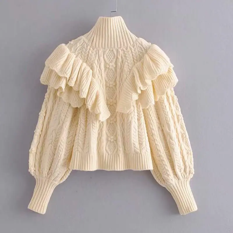 Winter Solid Knitted Women Sweaters Short Lantern Sleeve Turtleneck Pullovers Jumpers Elegant Cascading Ruffle | Женская одежда