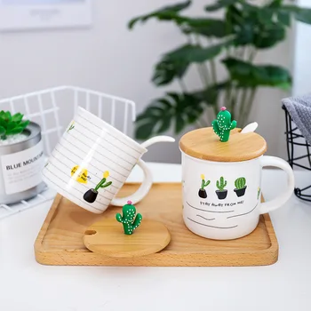 

Cactus Ceramic Cups Cute Plants Wooden Covers Spoons Cups Eco-Friendly Students Household Coffee Milk Mugs with Lid Coffee Cup